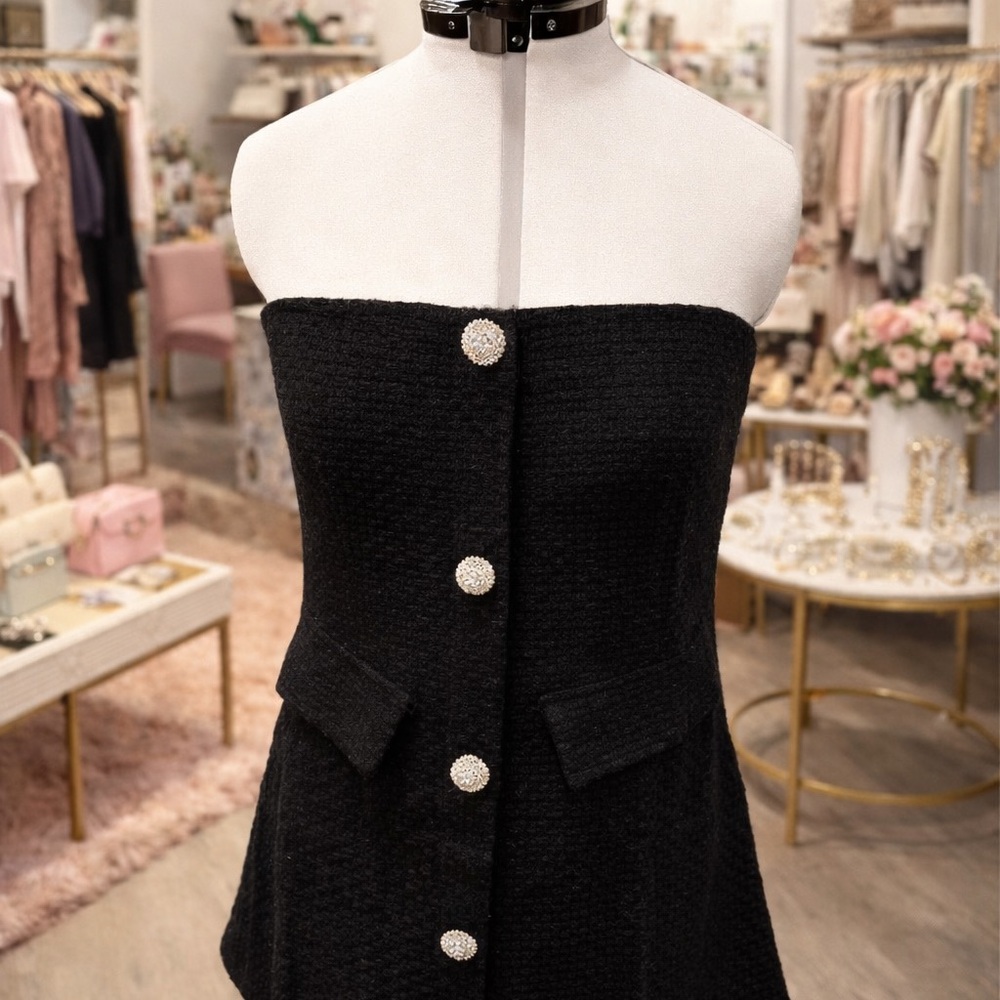 White Birch Black Strapless Tweed Dress Rhinestone Button S M L XL 1X 2X 3X